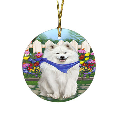 Spring Floral Samoyed Dog Round Flat Christmas Ornament RFPOR52138