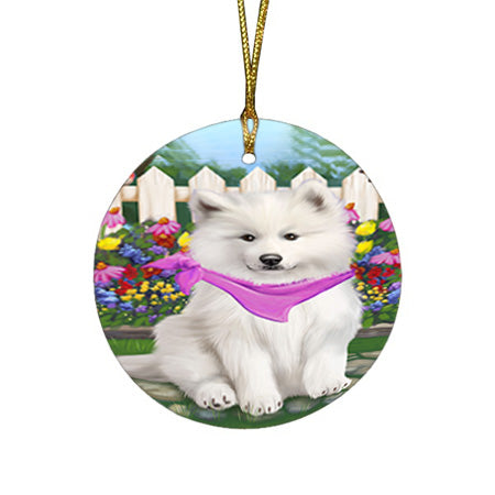 Spring Floral Samoyed Dog Round Flat Christmas Ornament RFPOR52139