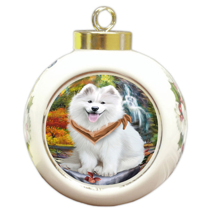 Scenic Waterfall Samoyed Dog Round Ball Christmas Ornament RBPOR49523