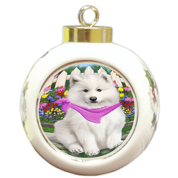 Spring Floral Samoyed Dog Round Ball Christmas Ornament RBPOR52148