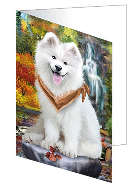 Scenic Waterfall Samoyeds Dog Handmade Artwork Assorted Pets Greeting Cards and Note Cards with Envelopes for All Occasions and Holiday Seasons GCD52496