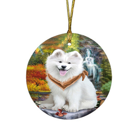 Scenic Waterfall Samoyed Dog Round Flat Christmas Ornament RFPOR49514