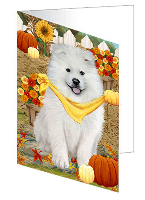 Fall Autumn Greeting Samoyed Dog with Pumpkins Handmade Artwork Assorted Pets Greeting Cards and Note Cards with Envelopes for All Occasions and Holiday Seasons GCD56576