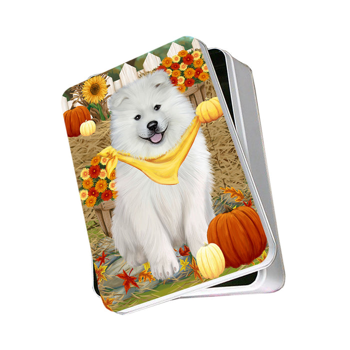 Fall Autumn Greeting Samoyed Dog with Pumpkins Photo Storage Tin PITN50849