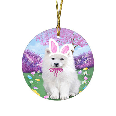 Samoyed Dog Easter Holiday Round Flat Christmas Ornament RFPOR49235