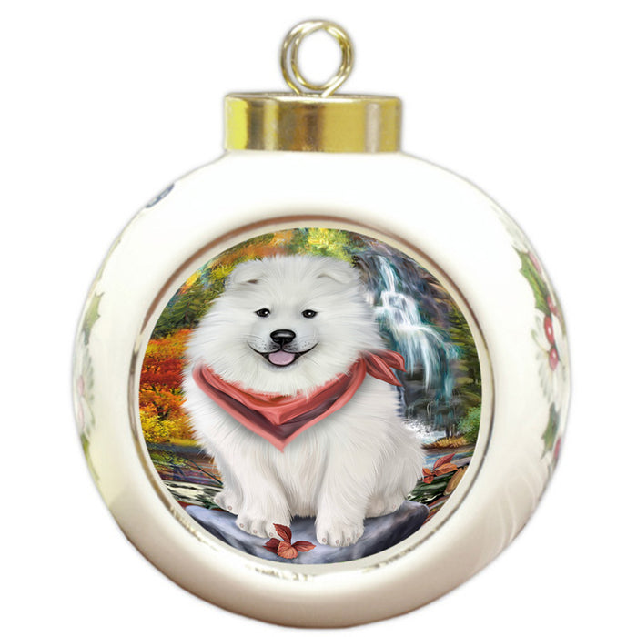 Scenic Waterfall Samoyed Dog Round Ball Christmas Ornament RBPOR49524