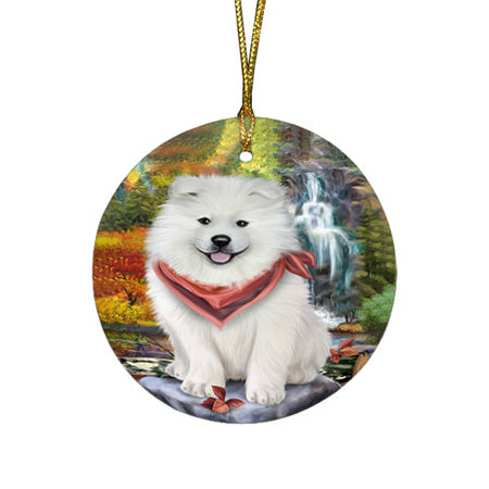 Scenic Waterfall Samoyed Dog Round Flat Christmas Ornament RFPOR49515