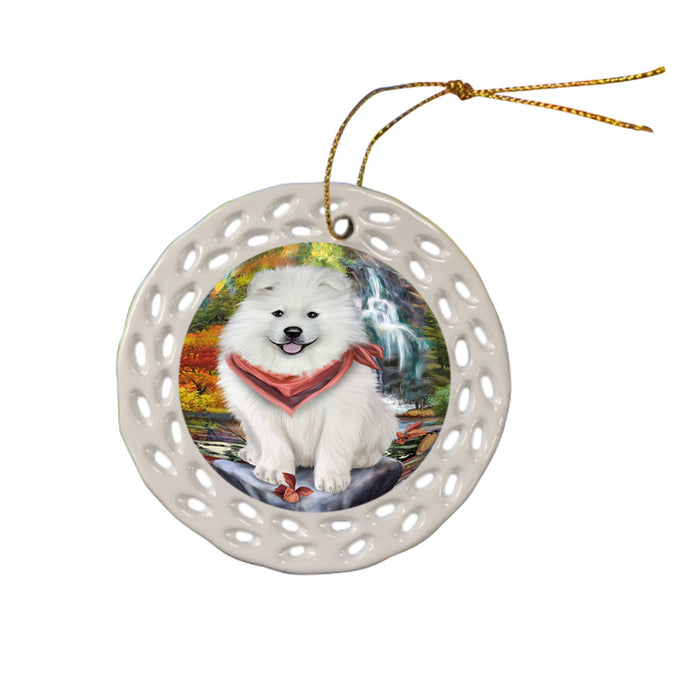 Scenic Waterfall Samoyed Dog Ceramic Doily Ornament DPOR49524