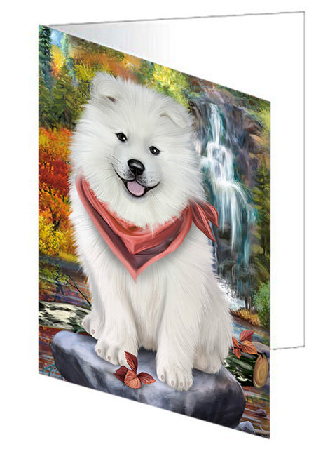 Scenic Waterfall Samoyed Dog Handmade Artwork Assorted Pets Greeting Cards and Note Cards with Envelopes for All Occasions and Holiday Seasons GCD52499
