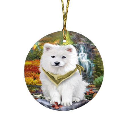 Scenic Waterfall Samoyed Dog Round Flat Christmas Ornament RFPOR49516