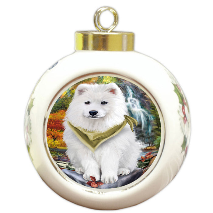 Scenic Waterfall Samoyed Dog Round Ball Christmas Ornament RBPOR49525