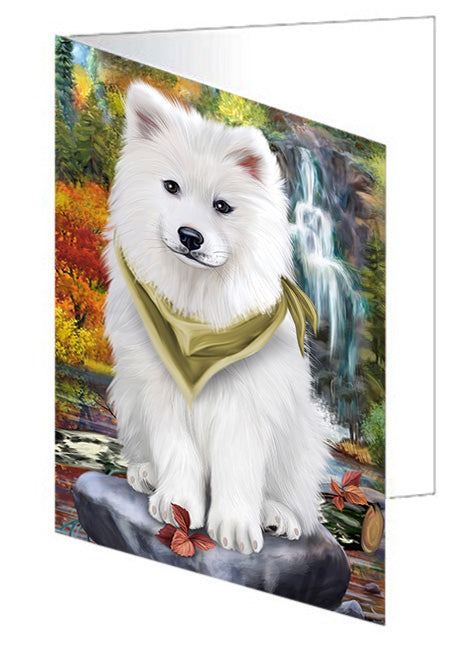 Scenic Waterfall Samoyed Dog Handmade Artwork Assorted Pets Greeting Cards and Note Cards with Envelopes for All Occasions and Holiday Seasons GCD52502