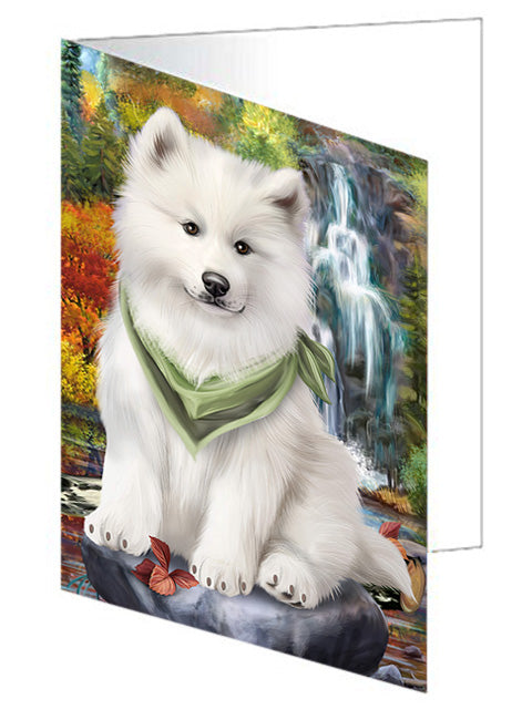 Scenic Waterfall Samoyed Dog Handmade Artwork Assorted Pets Greeting Cards and Note Cards with Envelopes for All Occasions and Holiday Seasons GCD52505