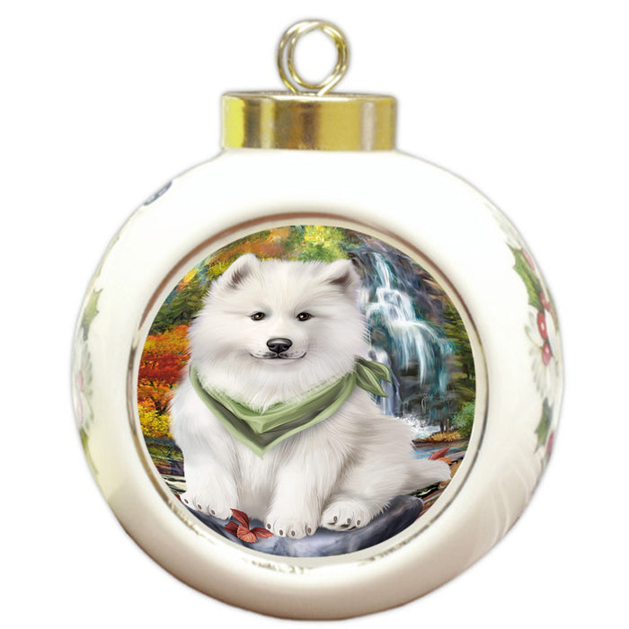 Scenic Waterfall Samoyed Dog Round Ball Christmas Ornament RBPOR49526