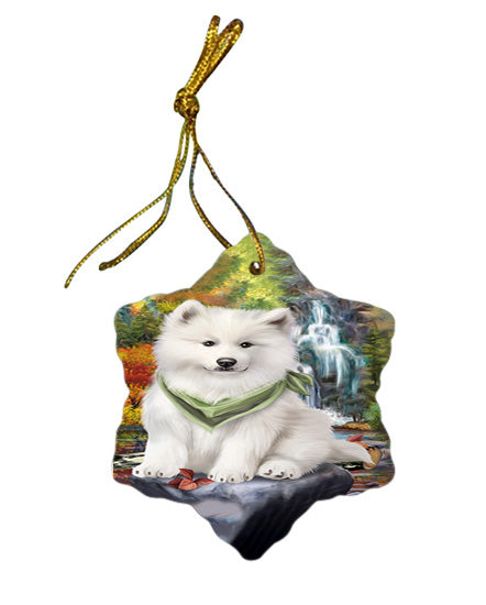 Scenic Waterfall Samoyed Dog Star Porcelain Ornament SPOR49518