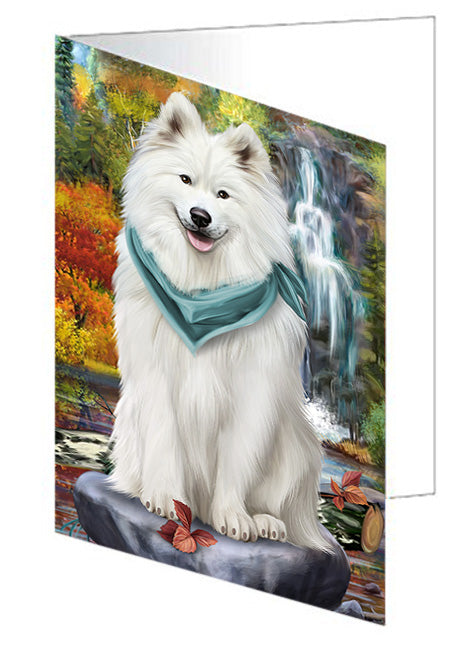 Scenic Waterfall Samoyed Dog Handmade Artwork Assorted Pets Greeting Cards and Note Cards with Envelopes for All Occasions and Holiday Seasons GCD52508