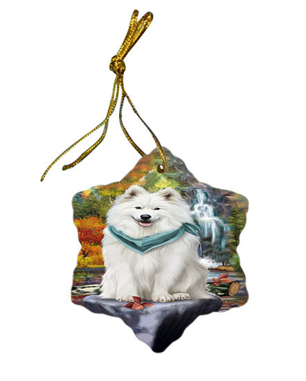Scenic Waterfall Samoyed Dog Star Porcelain Ornament SPOR49519