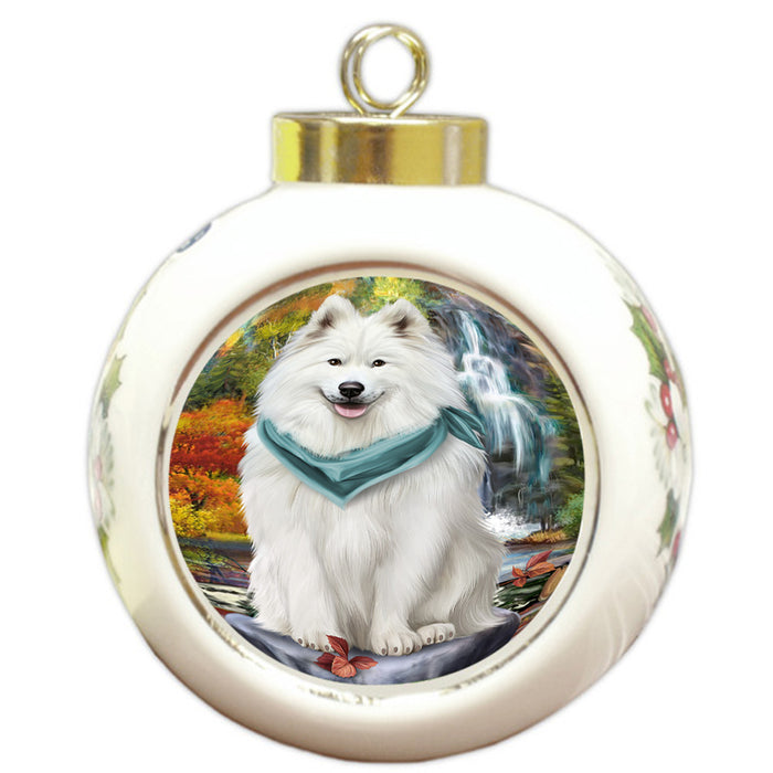 Scenic Waterfall Samoyed Dog Round Ball Christmas Ornament RBPOR49527