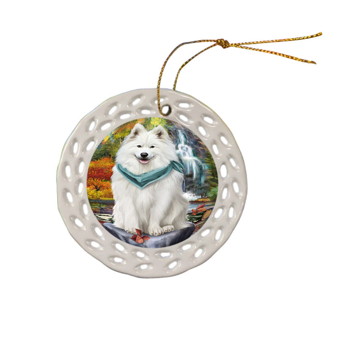 Scenic Waterfall Samoyed Dog Ceramic Doily Ornament DPOR49527