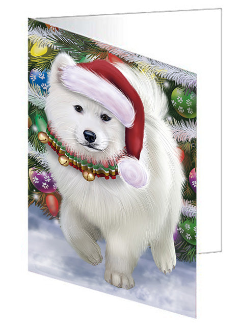 Trotting in the Snow Samoyed Dog Handmade Artwork Assorted Pets Greeting Cards and Note Cards with Envelopes for All Occasions and Holiday Seasons GCD68192