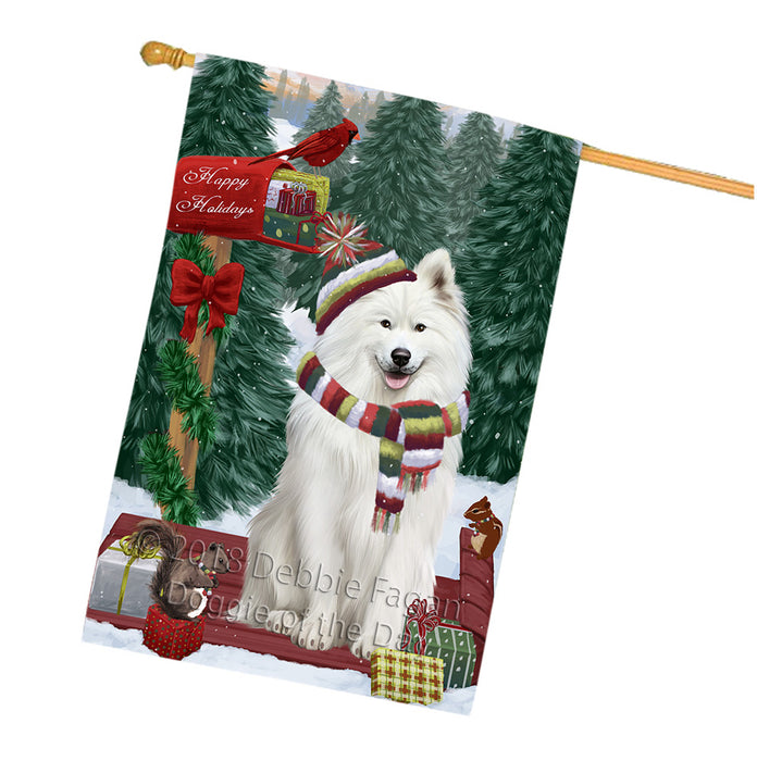 Merry Christmas Woodland Sled Samoyed Dog House Flag FLG55447