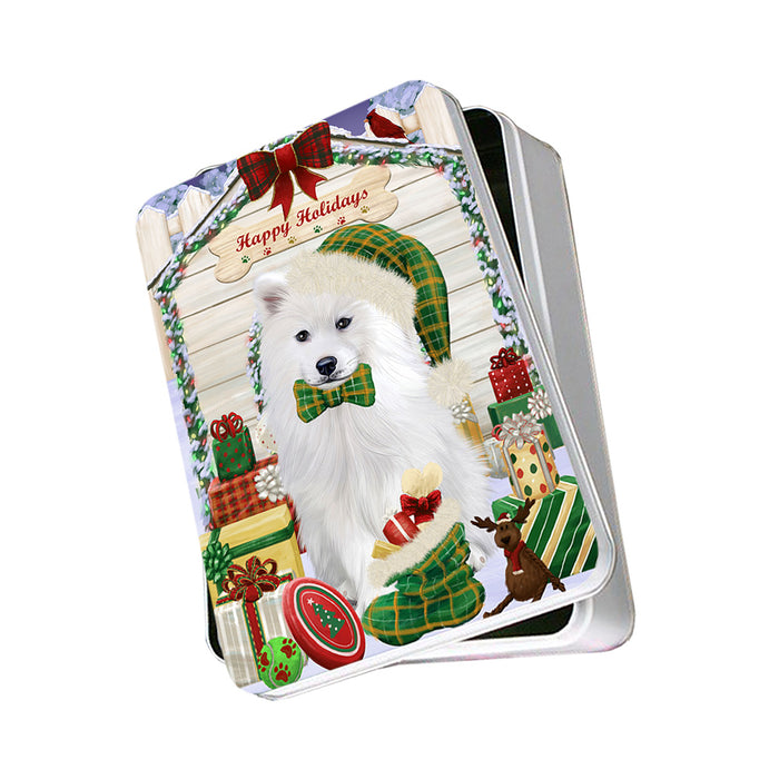 Happy Holidays Christmas Samoyed Dog House With Presents Photo Storage Tin PITN52192