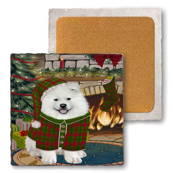 The Stocking was Hung Samoyed Dog Set of 4 Natural Stone Marble Tile Coasters MCST50594