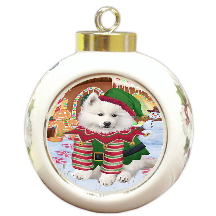 Christmas Gingerbread House Candyfest Samoyed Dog Round Ball Christmas Ornament RBPOR56884