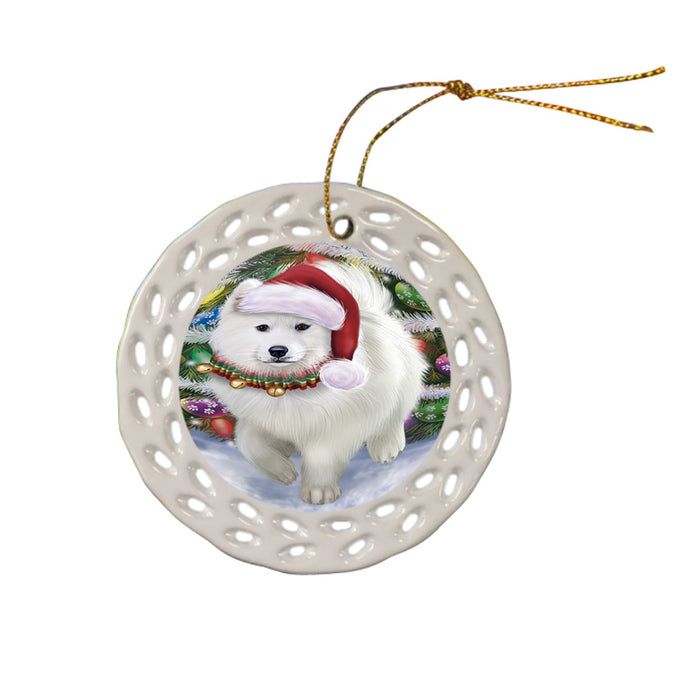 Trotting in the Snow Samoyed Dog Ceramic Doily Ornament DPOR54721