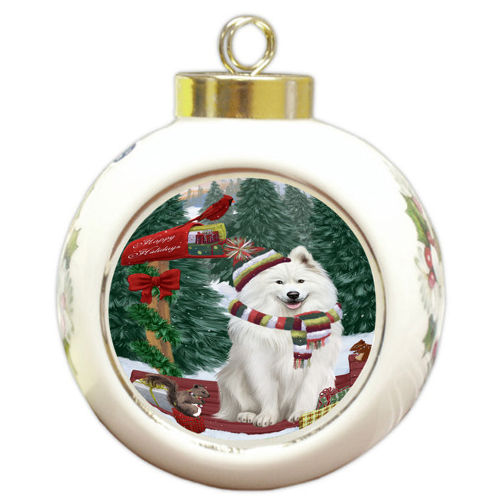 Merry Christmas Woodland Sled Samoyed Dog Round Ball Christmas Ornament RBPOR55374