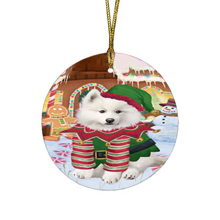 Christmas Gingerbread House Candyfest Samoyed Dog Round Flat Christmas Ornament RFPOR56884