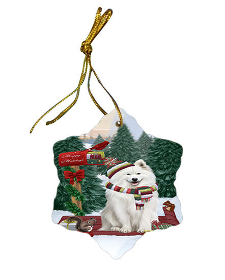 Merry Christmas Woodland Sled Samoyed Dog Star Porcelain Ornament SPOR55374