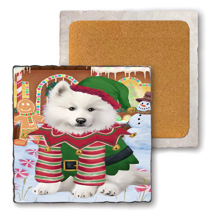 Christmas Gingerbread House Candyfest Samoyed Dog Set of 4 Natural Stone Marble Tile Coasters MCST51528