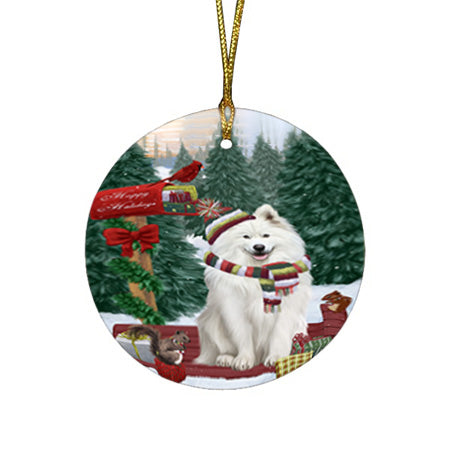 Merry Christmas Woodland Sled Samoyed Dog Round Flat Christmas Ornament RFPOR55374