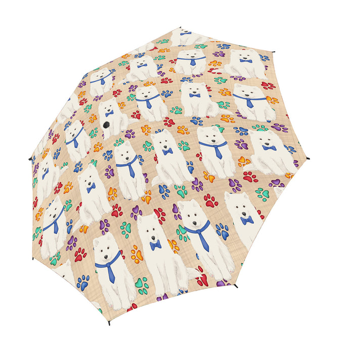 Rainbow Paw Print Samoyed Dogs Blue Semi-Automatic Foldable Umbrella