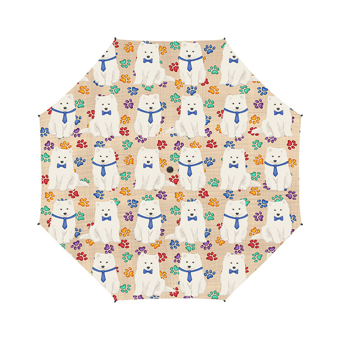 Rainbow Paw Print Samoyed Dogs Blue Semi-Automatic Foldable Umbrella