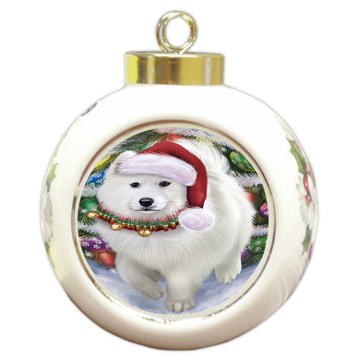 Trotting in the Snow Samoyed Dog Round Ball Christmas Ornament RBPOR54721