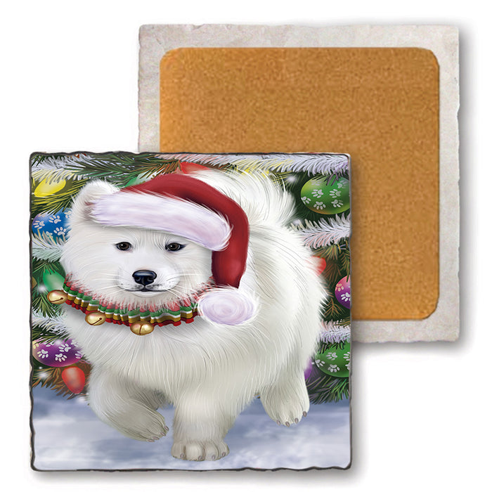 Trotting in the Snow Samoyed Dog Set of 4 Natural Stone Marble Tile Coasters MCST49593