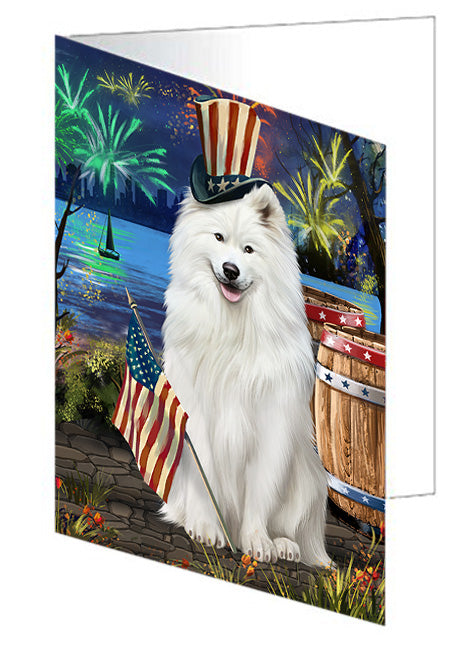 4th of July Independence Day Fireworks Samoyed Dog at the Lake Handmade Artwork Assorted Pets Greeting Cards and Note Cards with Envelopes for All Occasions and Holiday Seasons GCD57668