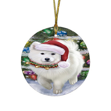 Trotting in the Snow Samoyed Dog Round Flat Christmas Ornament RFPOR54712