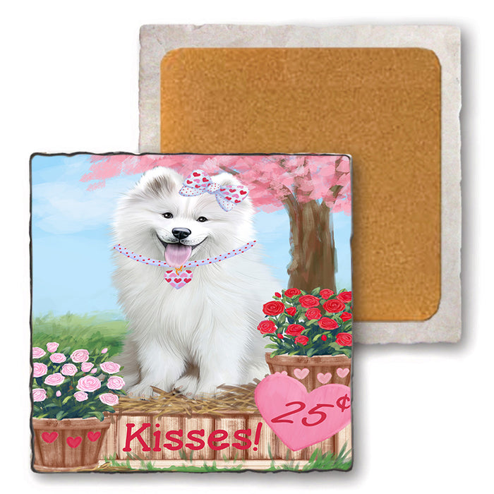 Rosie 25 Cent Kisses Samoyed Dog Set of 4 Natural Stone Marble Tile Coasters MCST51014