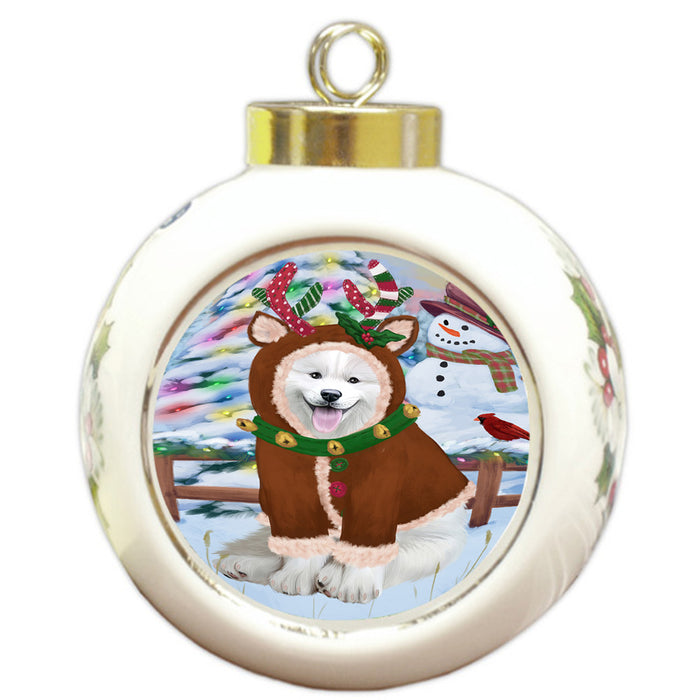 Christmas Gingerbread House Candyfest Samoyed Dog Round Ball Christmas Ornament RBPOR56885