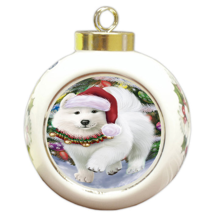 Trotting in the Snow Samoyed Dog Round Ball Christmas Ornament RBPOR54722