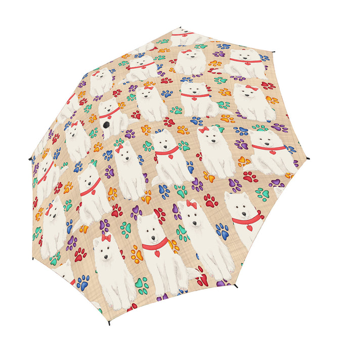 Rainbow Paw Print Samoyed Dogs Red Semi-Automatic Foldable Umbrella