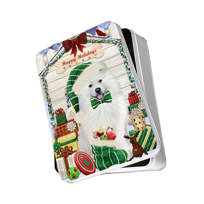 Happy Holidays Christmas Samoyed Dog House With Presents Photo Storage Tin PITN52193