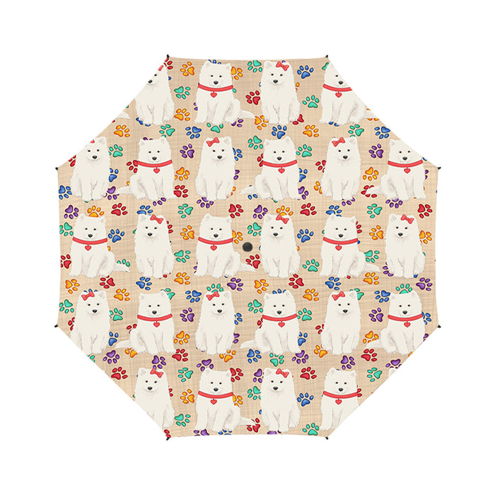 Rainbow Paw Print Samoyed Dogs Red Semi-Automatic Foldable Umbrella