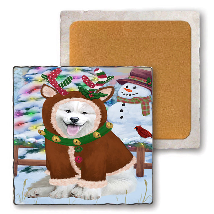 Christmas Gingerbread House Candyfest Samoyed Dog Set of 4 Natural Stone Marble Tile Coasters MCST51529