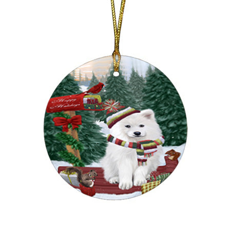 Merry Christmas Woodland Sled Samoyed Dog Round Flat Christmas Ornament RFPOR55375