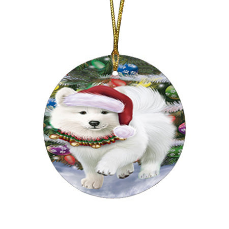 Trotting in the Snow Samoyed Dog Round Flat Christmas Ornament RFPOR54713