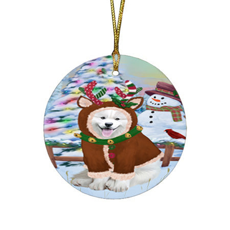 Christmas Gingerbread House Candyfest Samoyed Dog Round Flat Christmas Ornament RFPOR56885